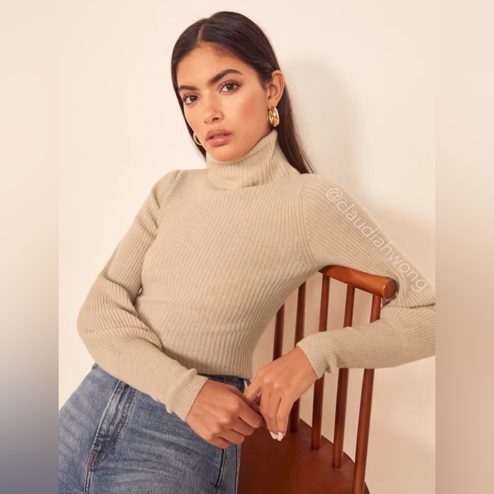 REFORMATION Cashmere Turtleneck Sweater in Sand Beige - Picture 2 of 13